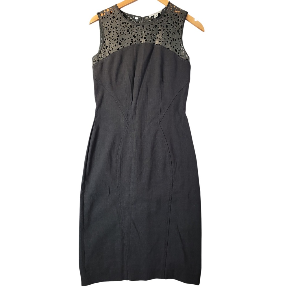 ZAC Zac Posen Black Laser Cut Lamb Leather Yoke‎ Sheath Dress Size 2 Cocktail